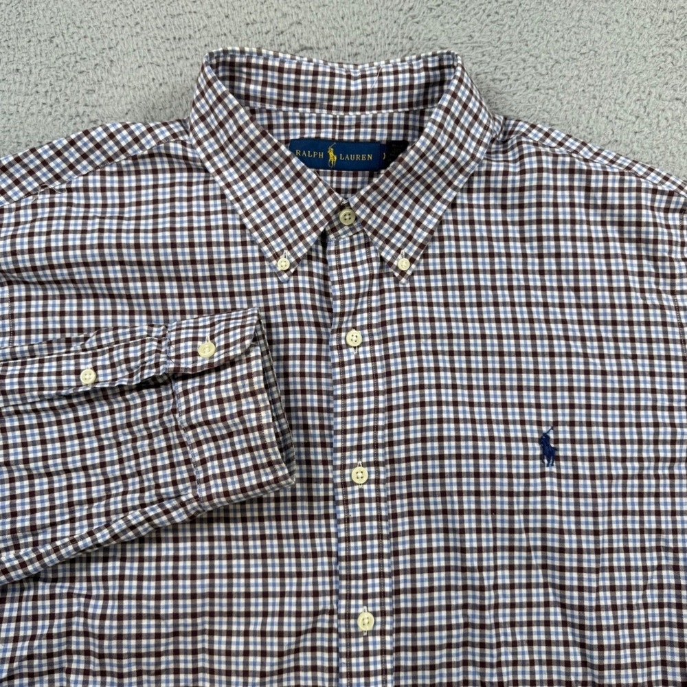 Ralph Lauren Mens XXL Gingham Check Button‎ Down Shirt Brown Blue Cotton